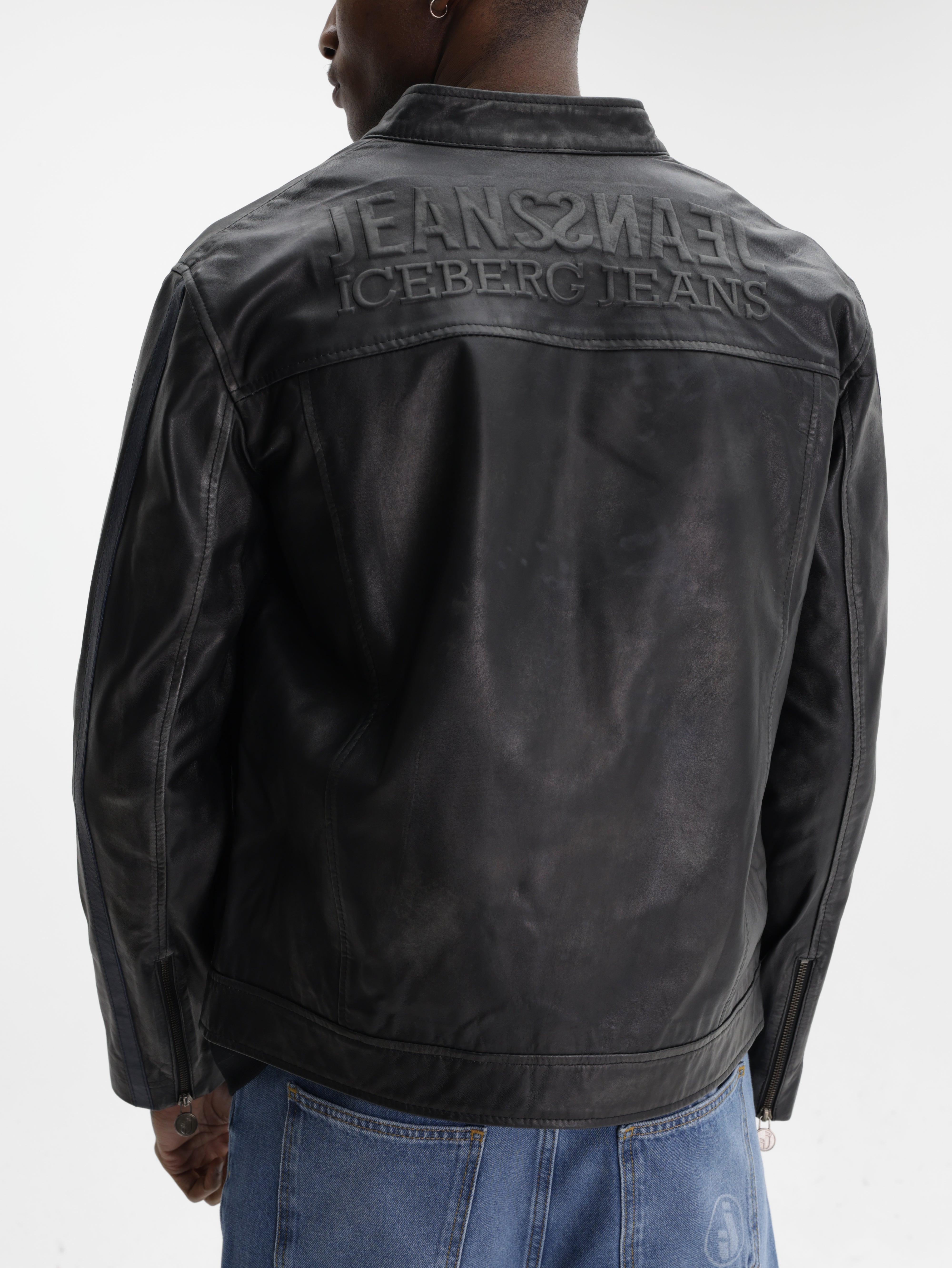 Iceberg Jeans Jacket Leather Navy Stripes Black