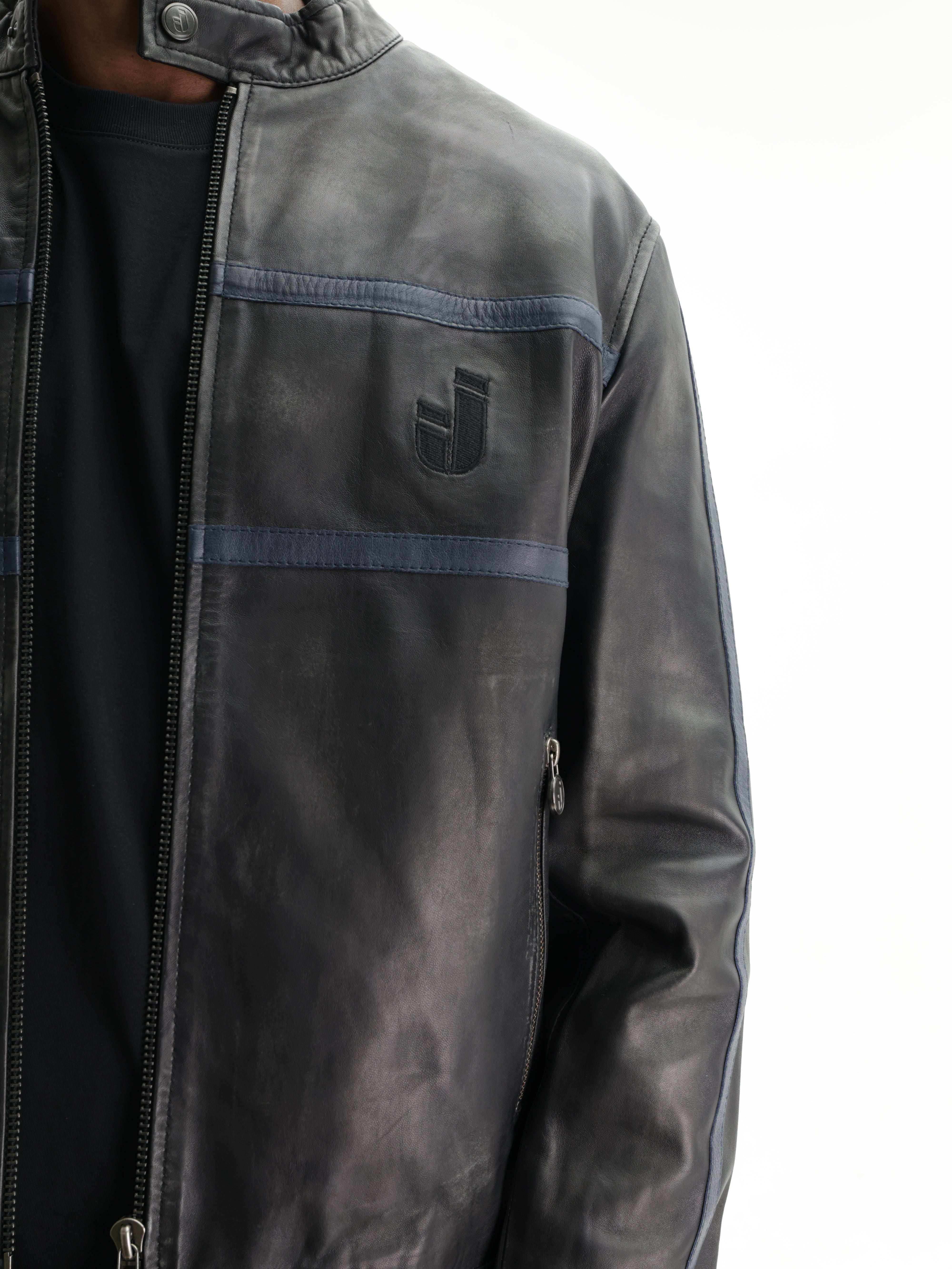 Iceberg Jeans Jacket Leather Navy Stripes Black