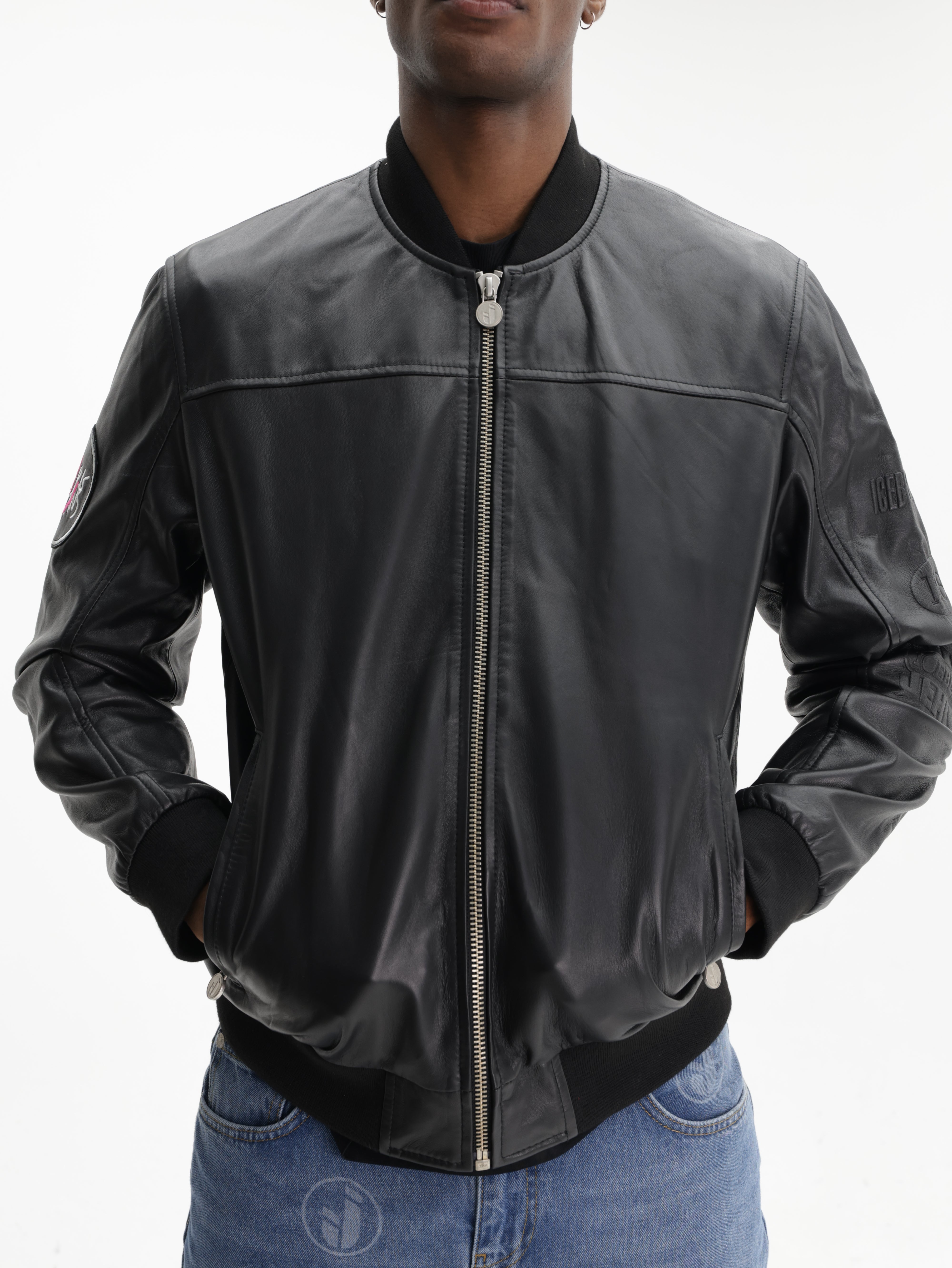 Iceberg Jeans Jacket Leather Silver Zip Black