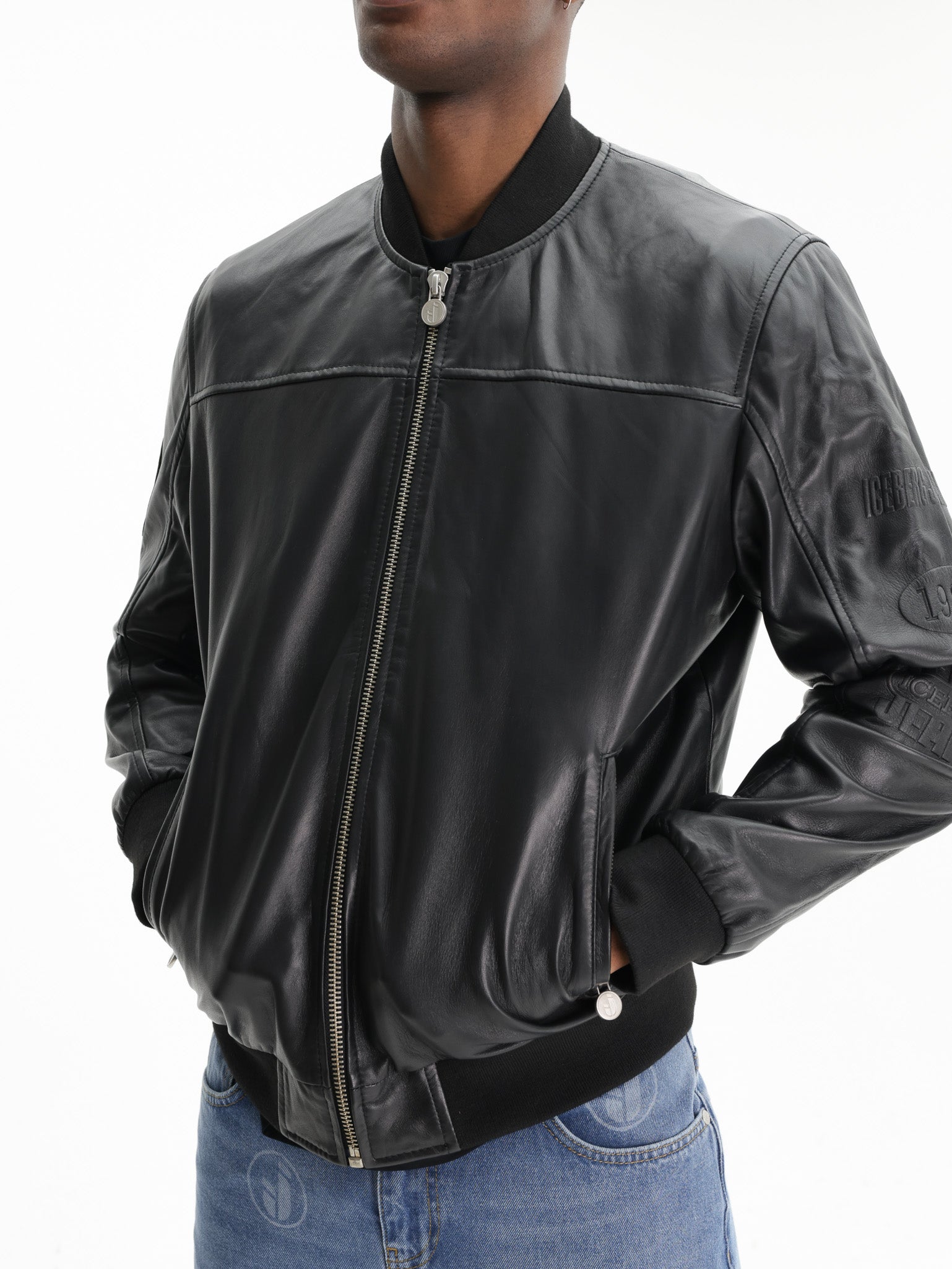 Iceberg Jeans Jacket Leather Silver Zip Black