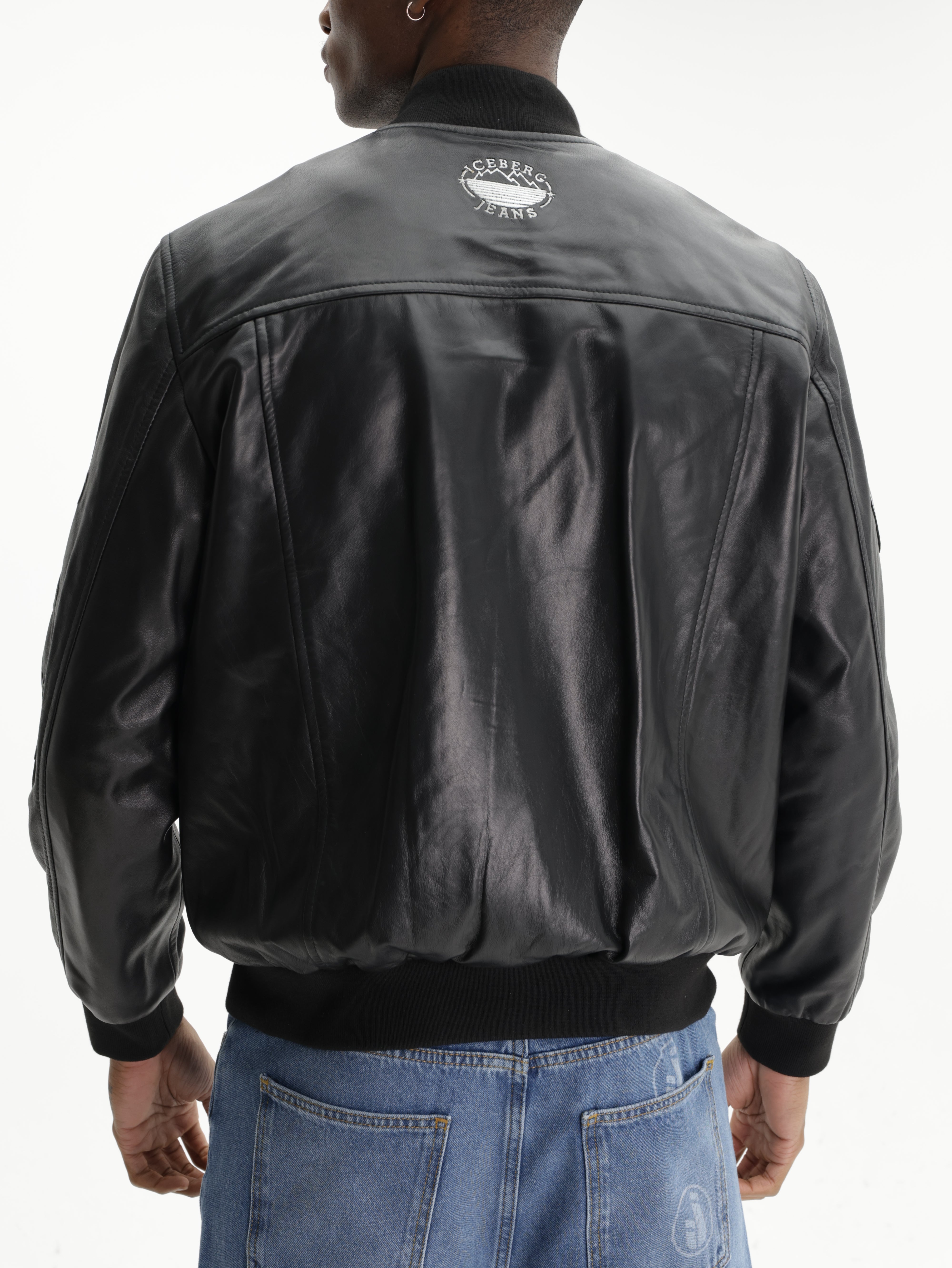 Iceberg Jeans Jacket Leather Silver Zip Black