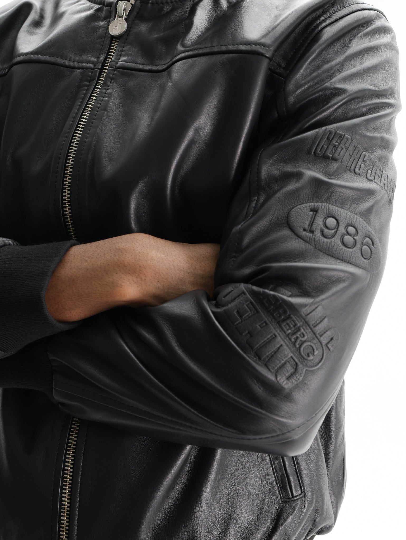 Iceberg Jeans Jacket Leather Silver Zip Black