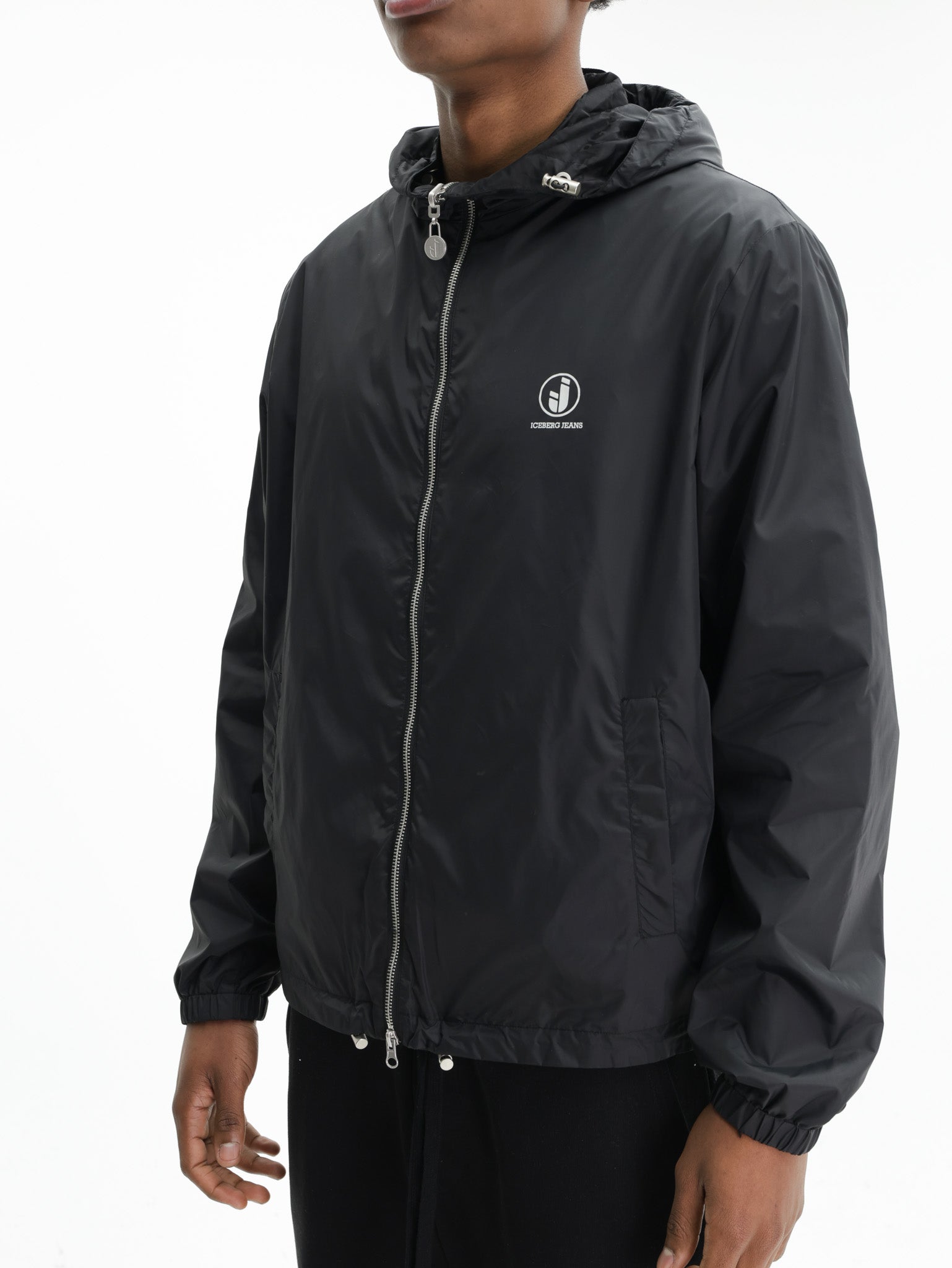 Iceberg Jeans Jacket Hooded Silver Zip Black