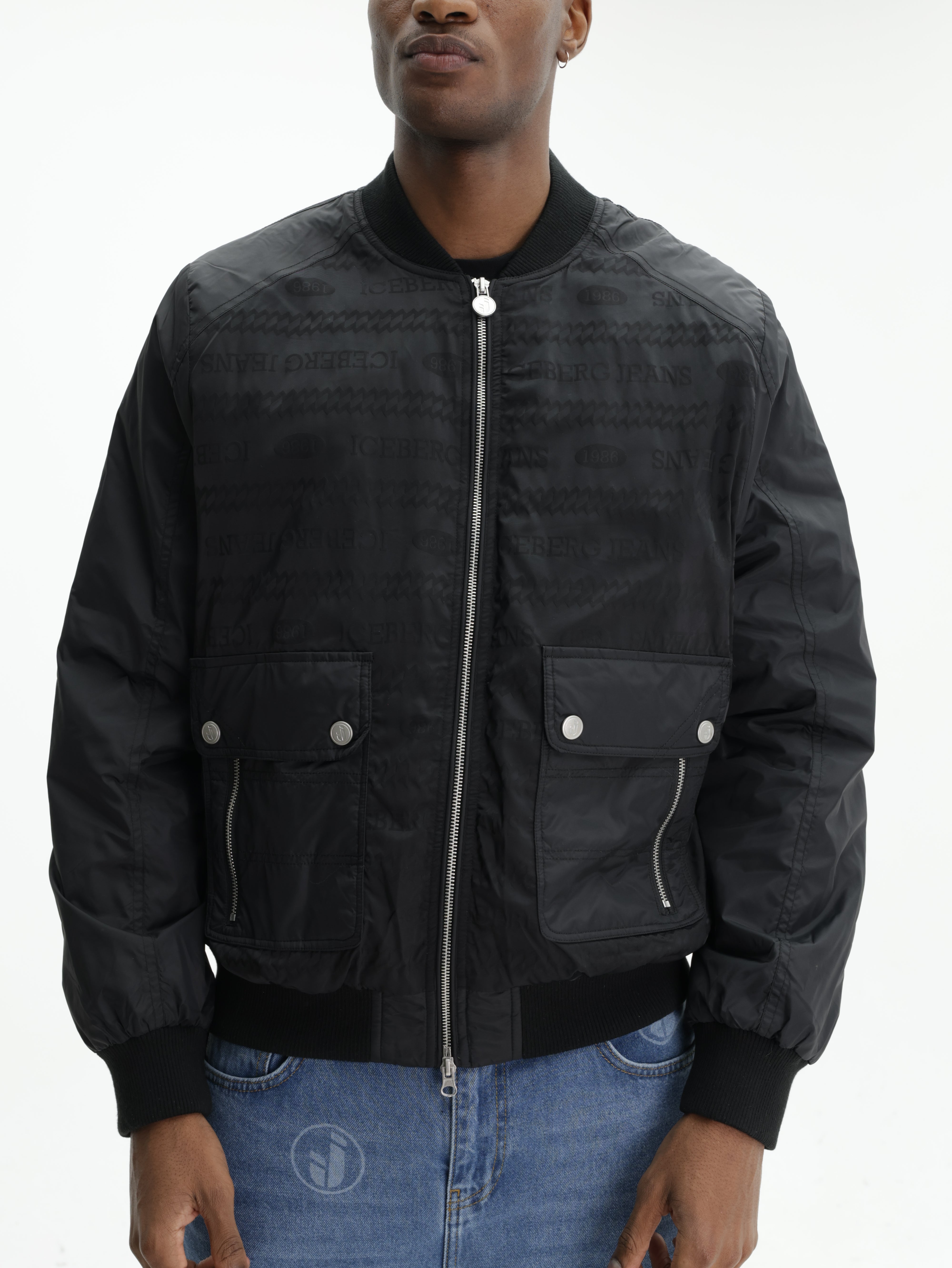 Iceberg Jeans Jacket Silver Zip Cuffed  Black