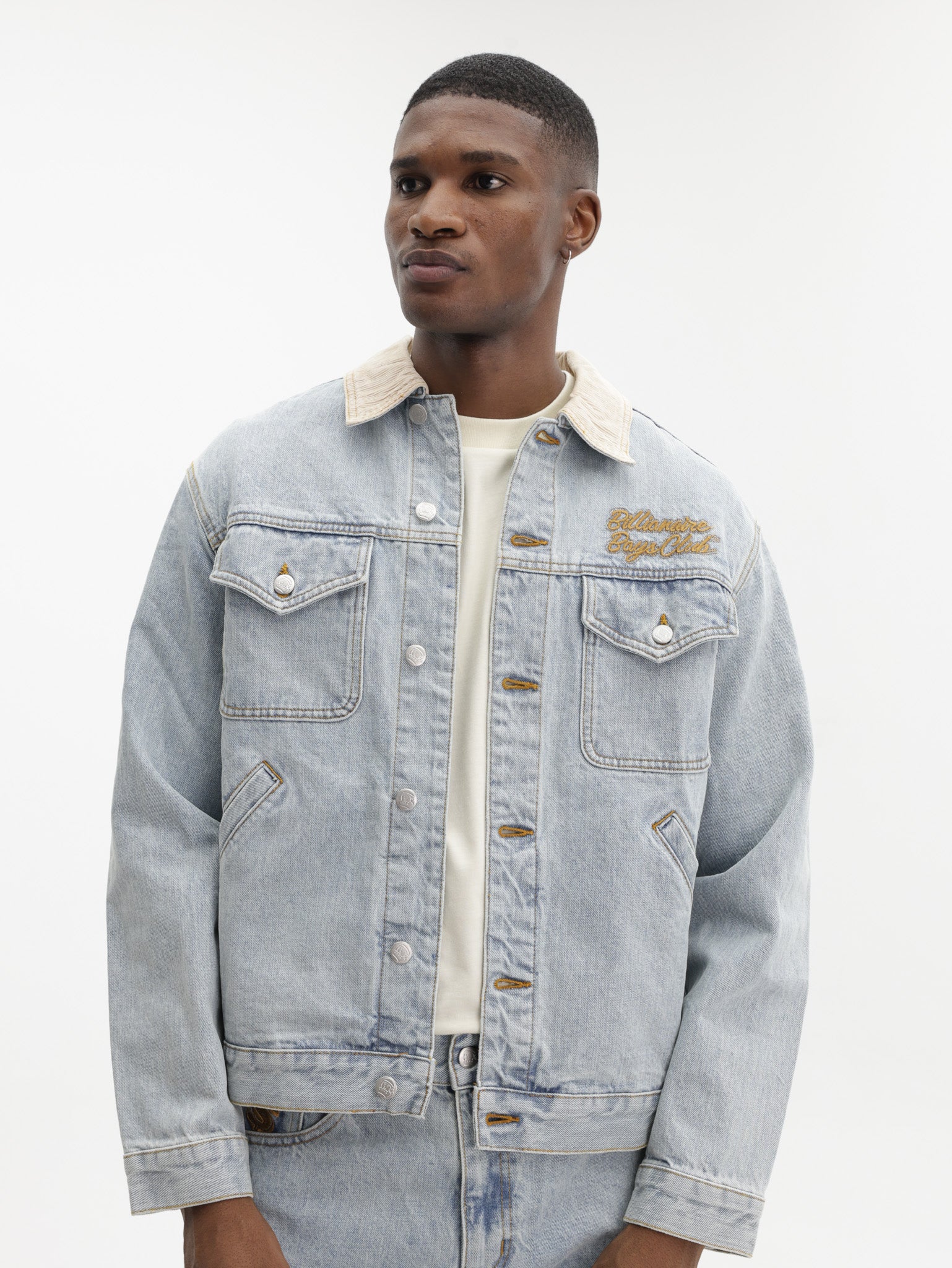 Billionaire Boys Club Denim Jacket Souvenir Cord Collar Trucker Light Wash Blue
