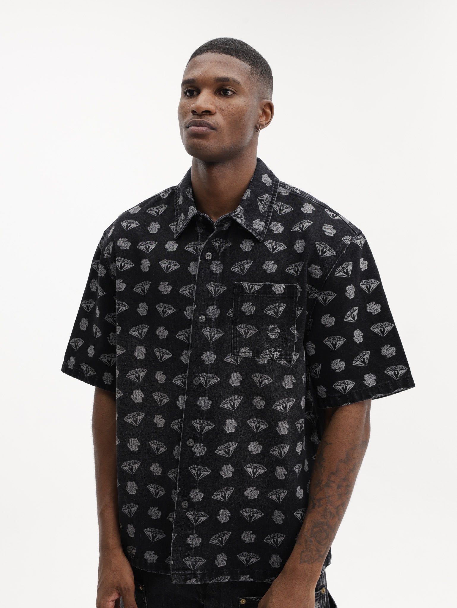 Billionaire Boys Club Denim Shirt Diamonds & Dollars Oversized Ss Black