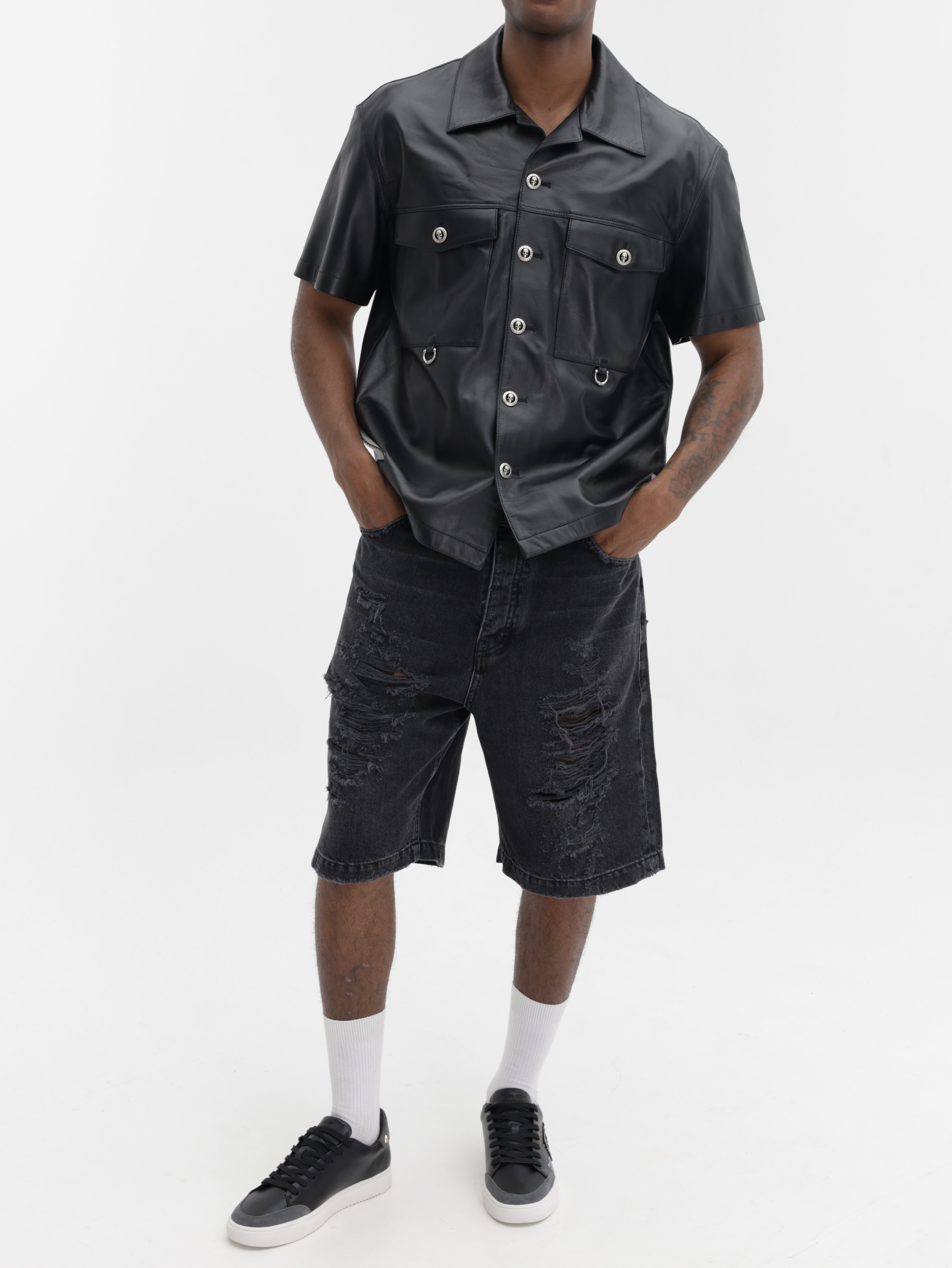 John Richmond Shirt Leather Collar Black