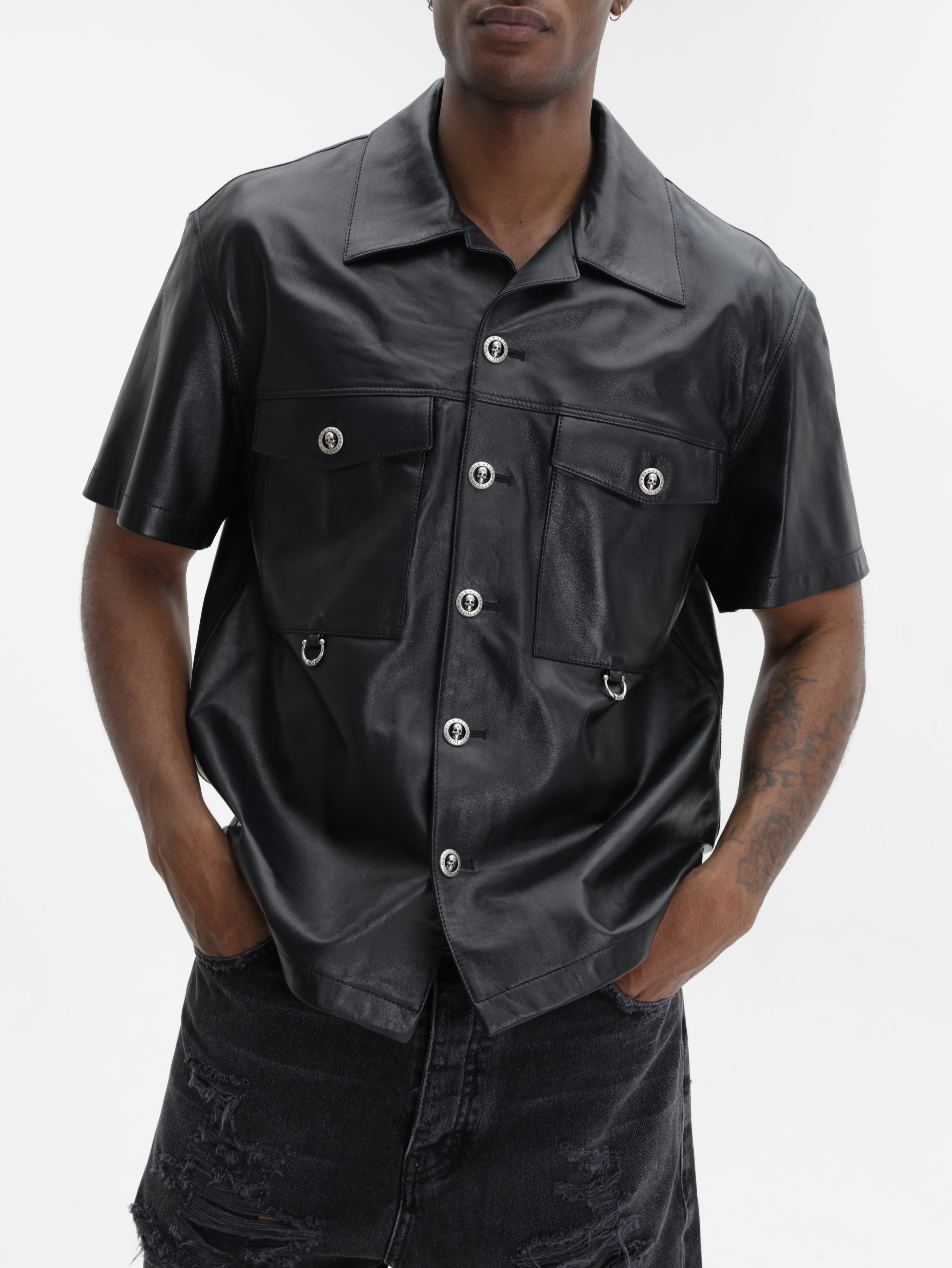 John Richmond Shirt Leather Collar Black