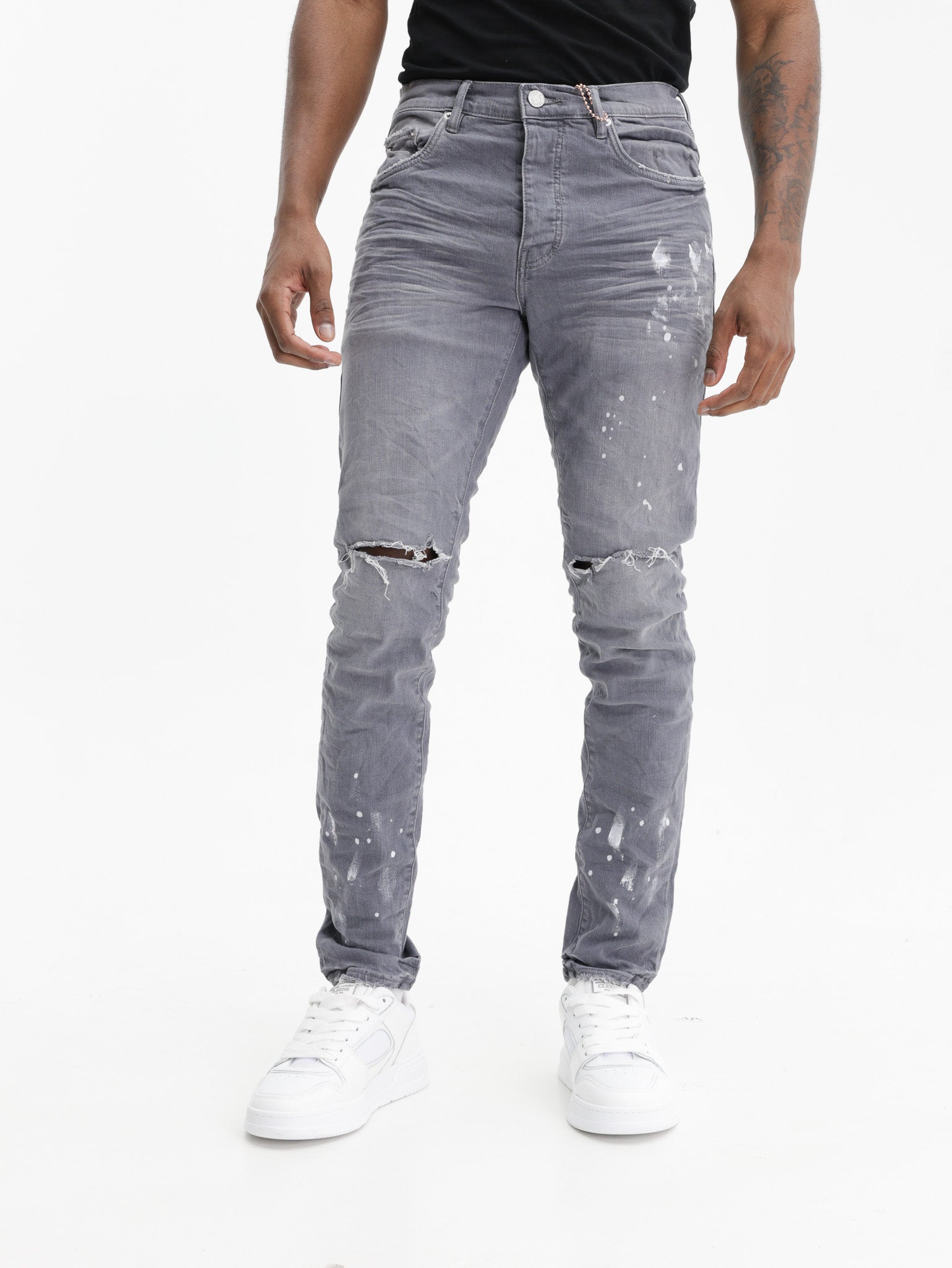 Purple Jeans Worn Knee Slit Grey