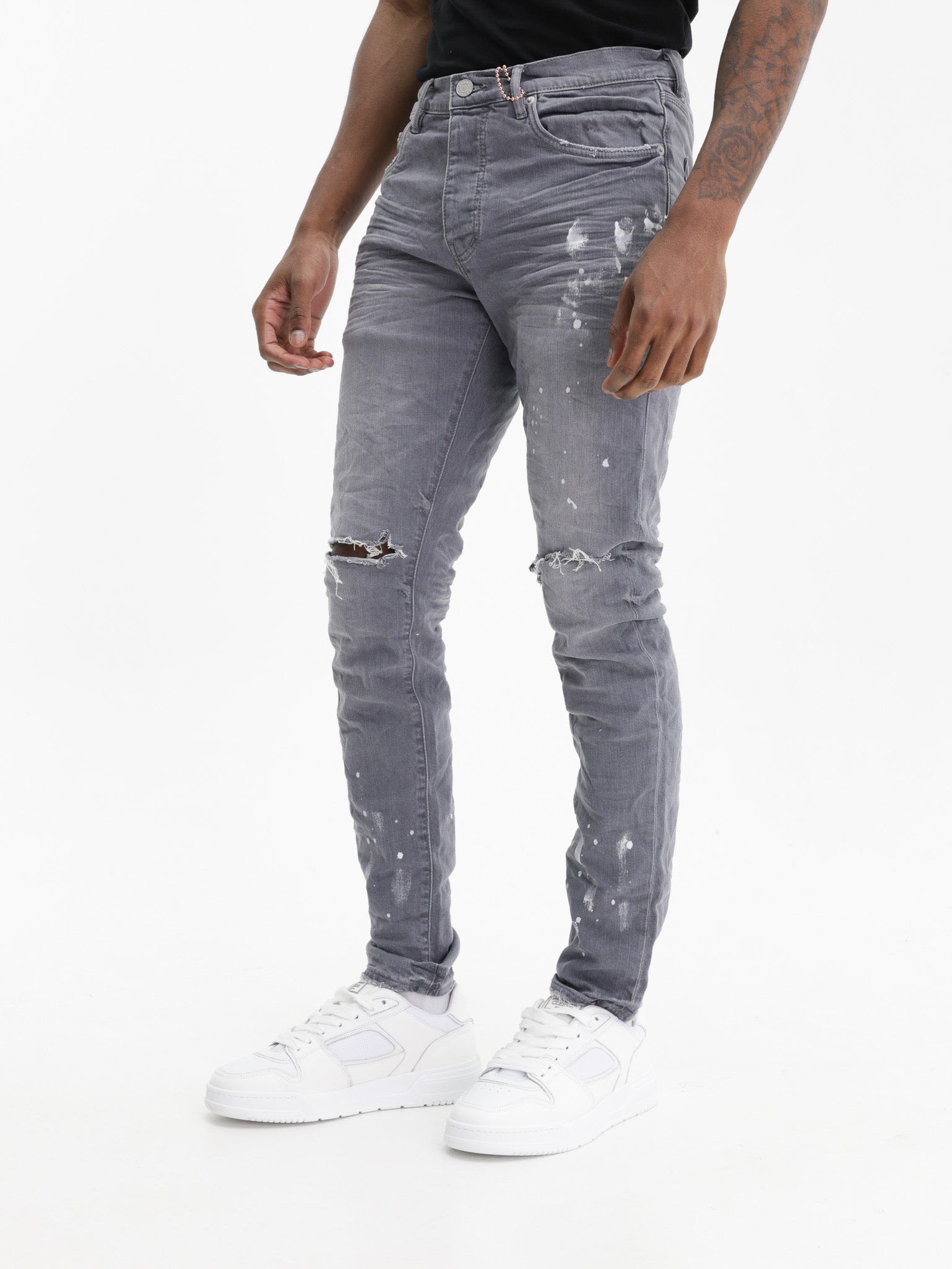 Purple Jeans Worn Knee Slit Grey