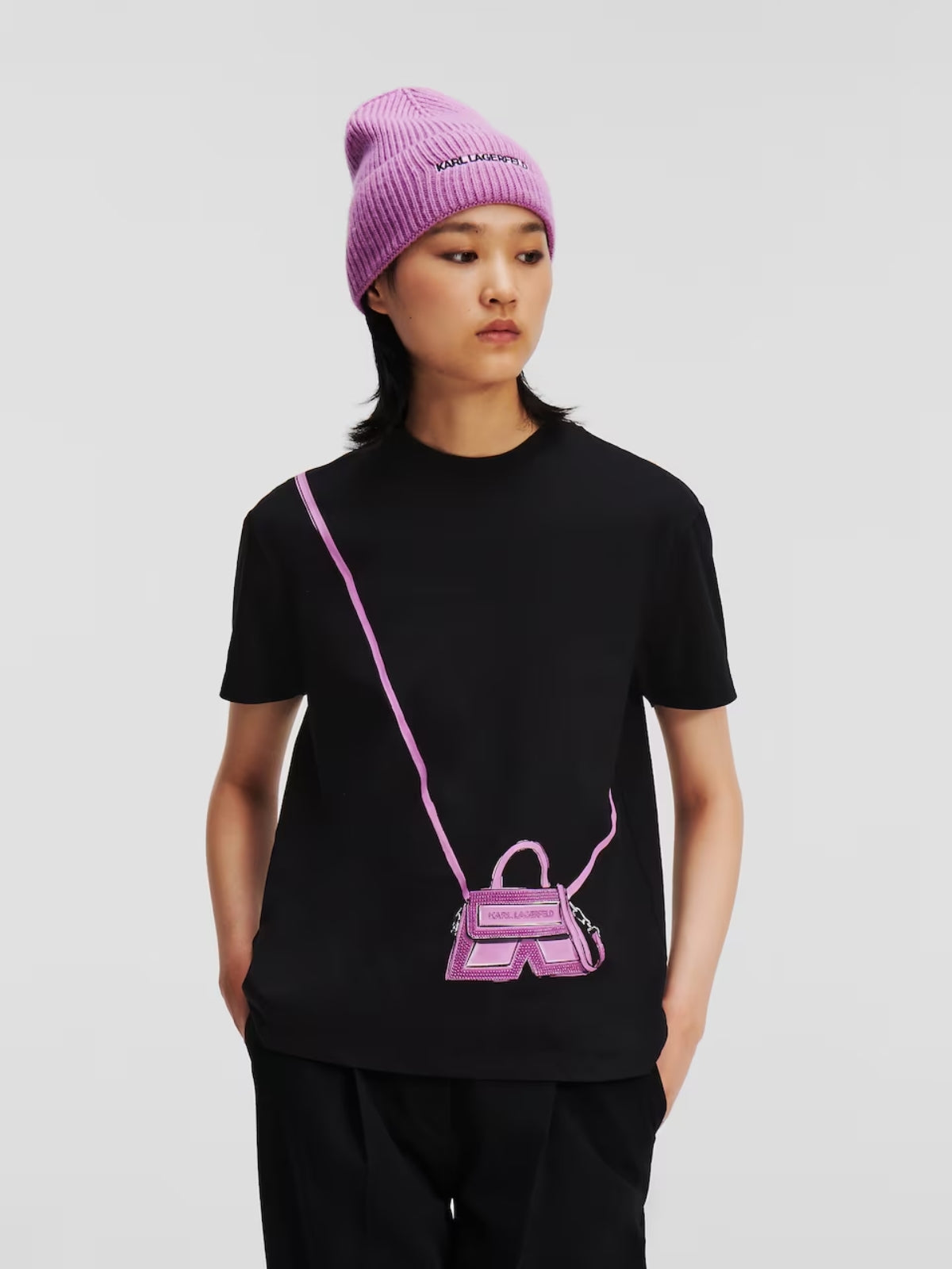 Karl Lagerfeld T-Shirt Ladies Graphic Side Bag Black-Pink