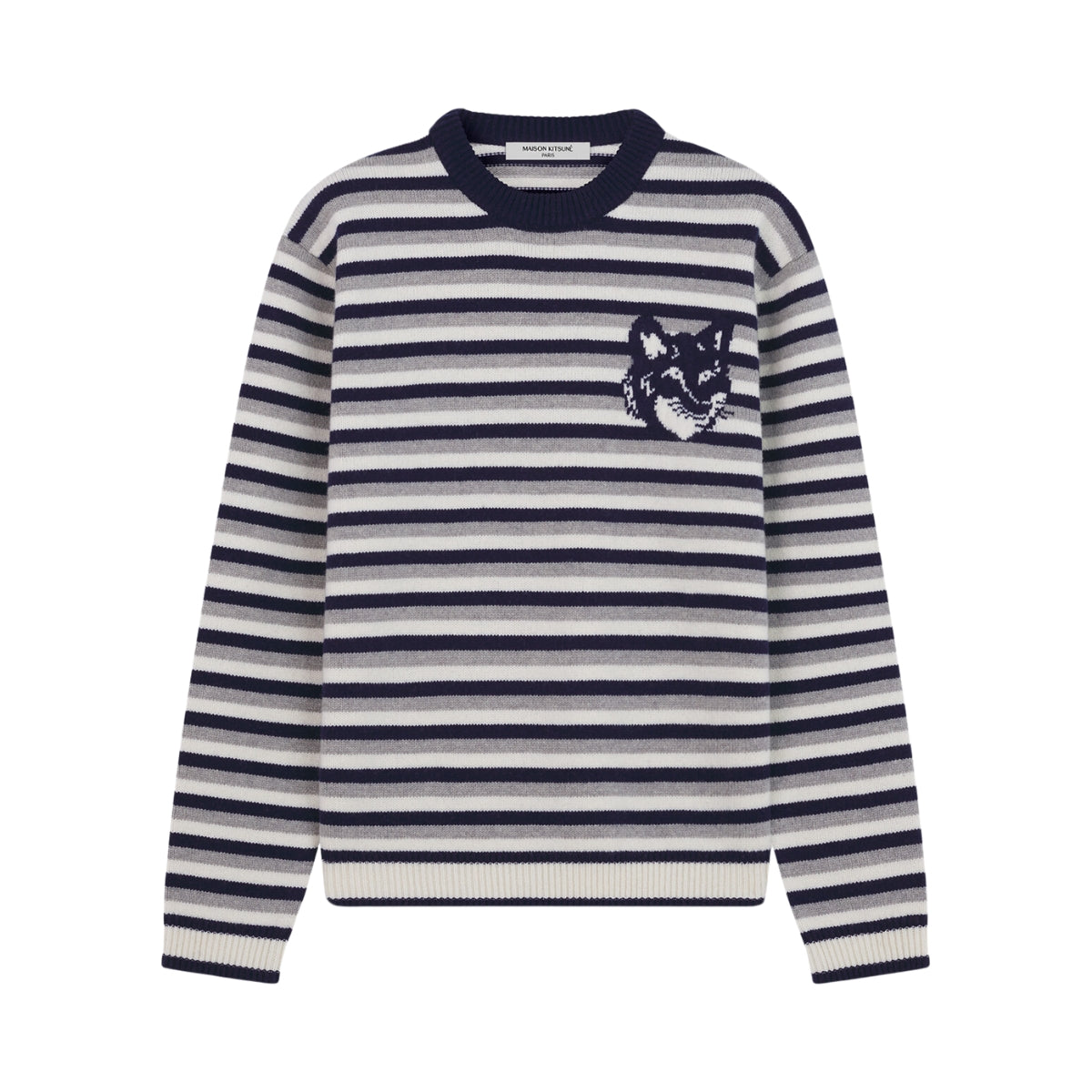 Maison Kitsune Sweater Fox Head Intarsia Striped Navy-White